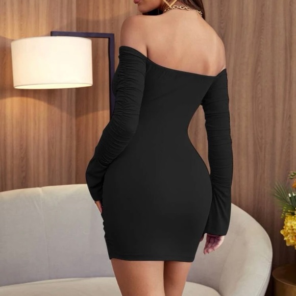 Ruched dress bodycon sexy off shoulder mini womens black dresses - Picture 3 of 6